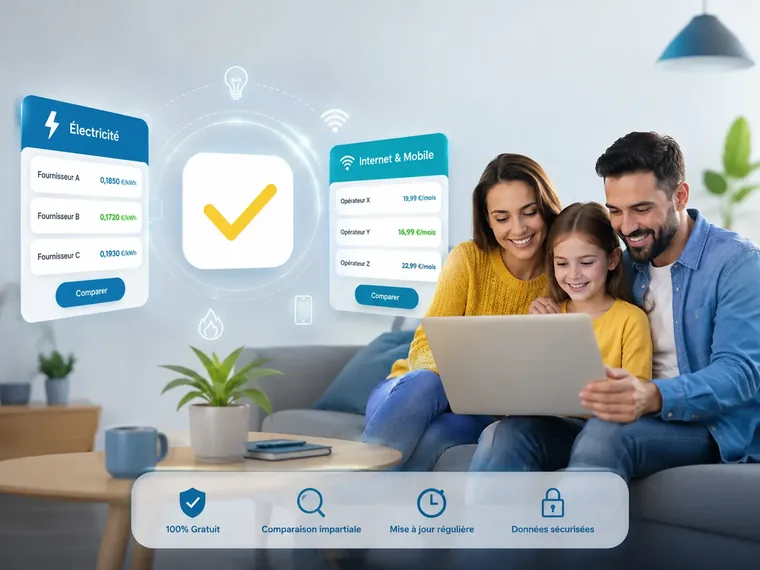 Une famille compare des offres d’électricité, d’internet et de mobile sur un ordinateur portable